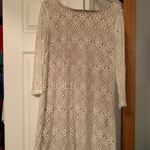 White Lace Dress with Tan Underlay